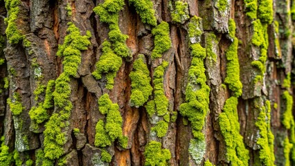 Closeup texture of tree bark with green moss and lichen, rough surface of trunk with dirt and natural wood details