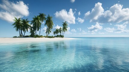 99. "A stunning 3D scene of a tropical island with white sandy beaches, crystal-clear waters, and palm trees