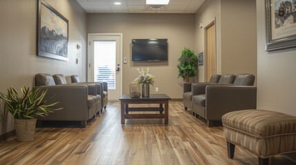 Fototapeta premium Modern waiting room with comfortable seating, wooden flooring, and decor. Well-lit environment ideal for relaxation and comfort.