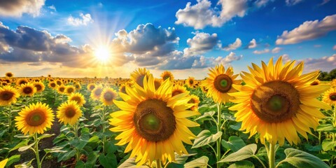 Obraz premium Vibrant field of sunflowers under the bright sun , Sunflowers, field, vibrant, yellow, petals, sun, agriculture, summer, nature