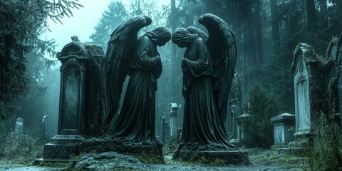 Two angel statues in a foggy cemetery.