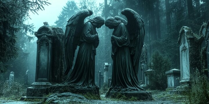 Two angel statues in a foggy cemetery.