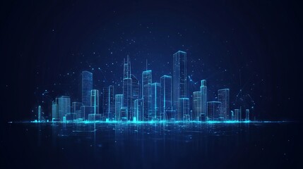 Obraz premium Abstract technology smart city panorama in futuristic digital polygonal style. Tech buildings cityscape on dark blue background. Night light city buildings. Low poly wireframe 3D vector illustration.