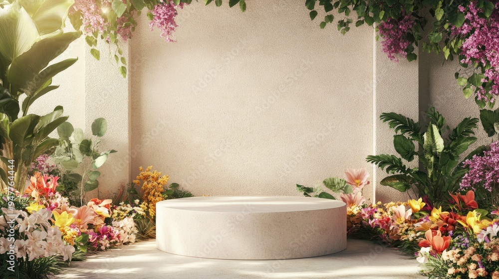 Poster simple and elegant beauty podium surrounded by colorful spring flowers, 3d rendering with soft light