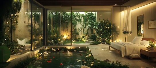 Modern Bedroom with Indoor Garden and Koi Pond