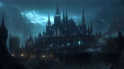 Fototapeta premium A mystical castle shrouded in fog and illuminated by moonlight, creating an enchanting and eerie atmosphere in the night.