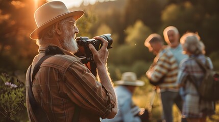 Obraz premium Senior Man Taking a Photo of Group of Friends in Nature