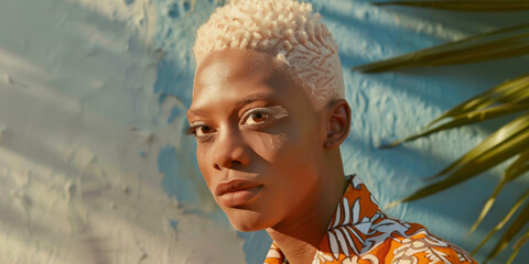 Portrait of a handsome African American man with white hair against a old wall. Stylish male fashion model posing on a palm leaves background.