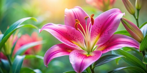 Beautiful close-up shot of a vibrant pink lily flower in full bloom, lily, flower, pink, vibrant, blooming, close-up, petals, nature