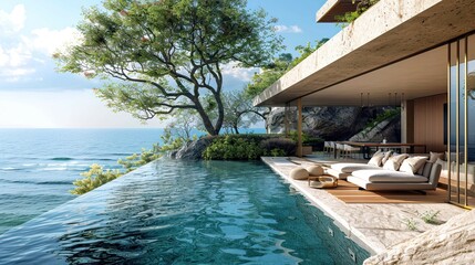 A modern house with swimming pool and sea view