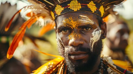 Portrait of a Man Wearing Traditional Papua New Guinean Headdress and Face Paint