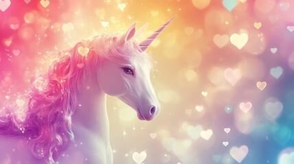 Fototapeta premium Soft and sweet unicorn background with pastel hearts, bokeh lights, and stars, creating a whimsical design.