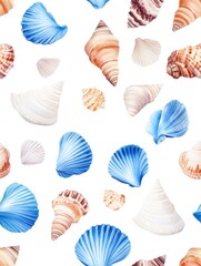Boho blue shells featuring a beach-inspired pattern. The seamless pattern showcases intricate and artistic blue shells set against a clean white background