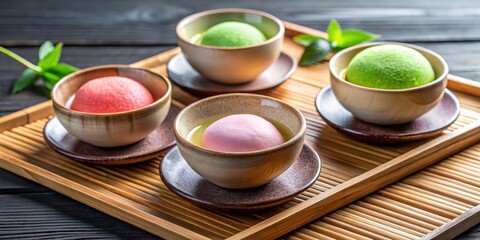 Delicious and colorful Mochi tea served in traditional Japanese tea cups, Mochi, tea, Japanese, dessert, sweet, colorful