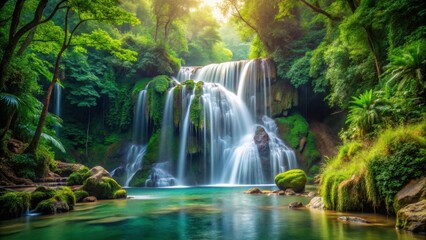 Fototapeta premium A stunning waterfall nestled in the lush forest setting, waterfall, forest, nature, scenery, tranquil, serene, cascade, trees