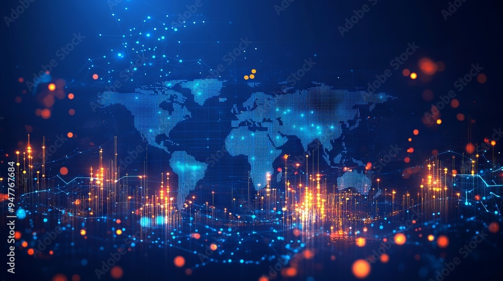 Poster abstract stock market candlesticks and world map on technology blue background. low poly wireframe d