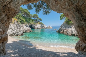 A scenic view of a secluded cove. This photo is perfect for travel blogs, websites, or social media posts showcasing the beauty of nature.