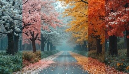 illustration of a tree in the park  in different seasons,	