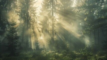 Obraz premium Sunlight Filtering Through the Mist in a Forest
