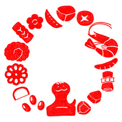 手描きのおせちの丸型フレーム＿巳年＿ハンコ風赤