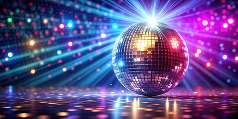 Disco ball casting sparkles on stage with vibrant lights, party, nightlife, glitter, reflection, entertainment, disco