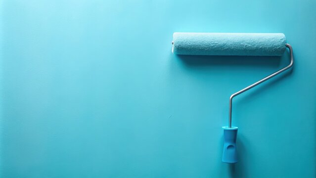 Wand wird mit Malerrolle hellblau gestrichen, Wand, Malerrolle, Streichen, hellblau, DIY, Renovierung, Innenraum, Heimwerken