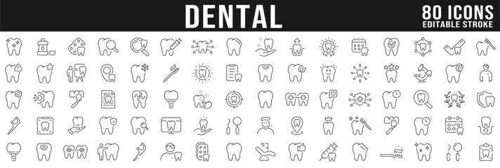 Dental icons big set. Tooth, protect, healthy, shiny smile etc. Editable stroke