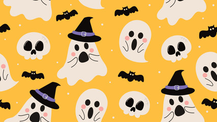 Cute happy halloween seamless pattern background vector. Colorful doodle design for wallpaper, kids fabric and print. Vector illustration.