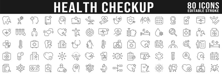 Health checkup line icon big set. Medical care patient diagnosis icon collection. Editable strokes
