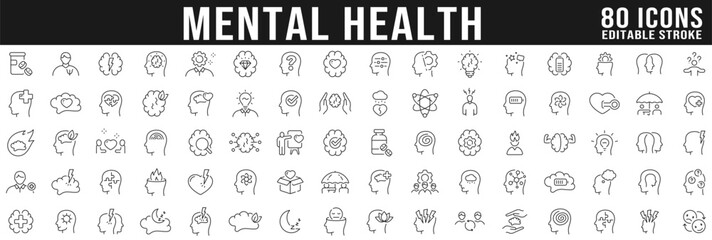 Mental health line icon big set. Anxiety, stress, psychology, brain etc. Editable stroke