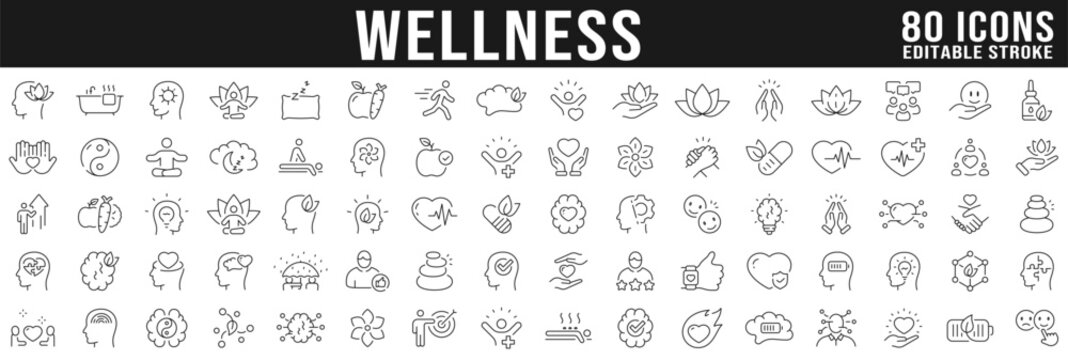 Wellness, wellbeing, mental health, healthcare. Big set of line icons. Editable stroke - Powered by Adobe