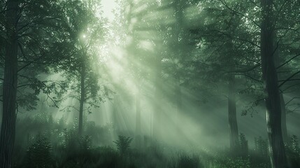Sunbeams Through a Misty Forest