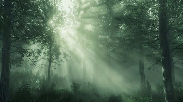 Sunbeams Through a Misty Forest