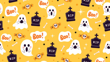 Cute happy halloween seamless pattern background vector. Colorful doodle design for wallpaper, kids fabric and print. Vector illustration.