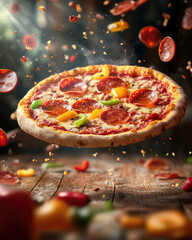 Abstract Colorful Space with Floating Pepperoni Pizza