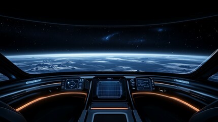 Fototapeta premium Pixel art retro game style spaceship cockpit cartoon with detailed dashboard and outer space view with stars and planets new stock image illustration AI