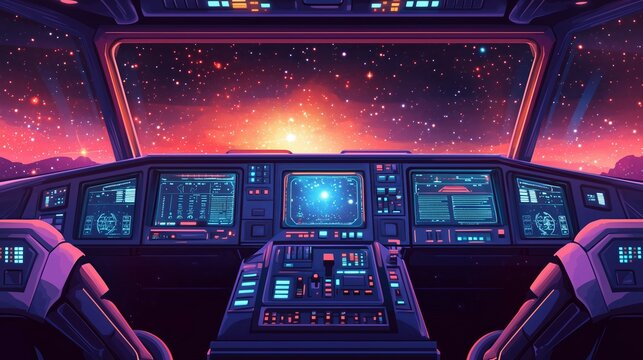 Pixel art retro game style spaceship cockpit cartoon with detailed dashboard and outer space view with stars and planets new stock image illustration AI
