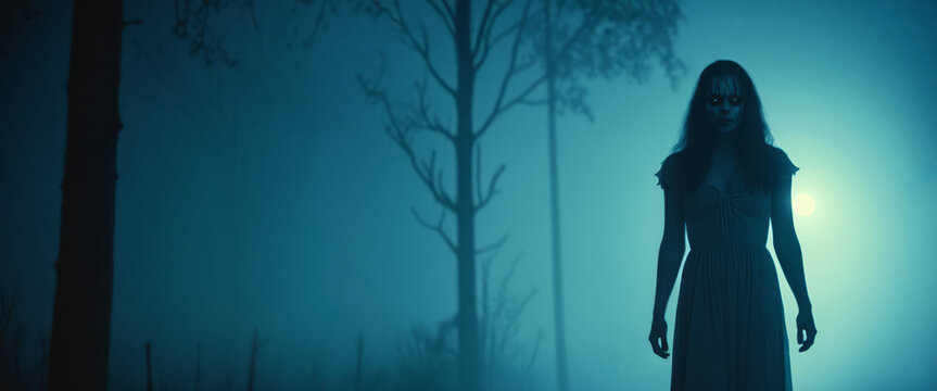 Creepy Halloween silhouette of woman with spooky hazy background