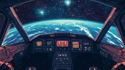 Pixel art retro game style spaceship cockpit cartoon with detailed dashboard and outer space view with stars and planets new stock image illustration AI