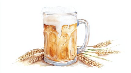 Wheat beer mug, bubbles rising, wheat stalks beside, Watercolor style