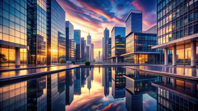 Serene futuristic cityscape at dawn with fauvist style chromatics and sleek glass buildings , city, future, dawn