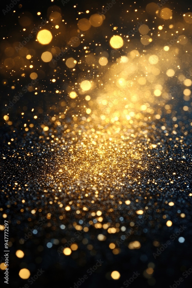 Poster sparkling golden bokeh lights on a black background. perfect for adding a touch of magic to your des