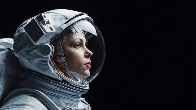 Astronaut Gazing into the Void: A woman astronaut gazes out into the vast emptiness of space, her helmet reflecting the cosmos in a photorealistic portrait of determination and wonder.