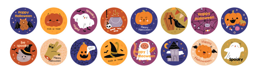 Cute Halloween stickers set. Circle decorations for October holiday. Happy Helloween label designs with pumpkin, ghost, cat, bat and cauldron. Flat vector illustration isolated on white background