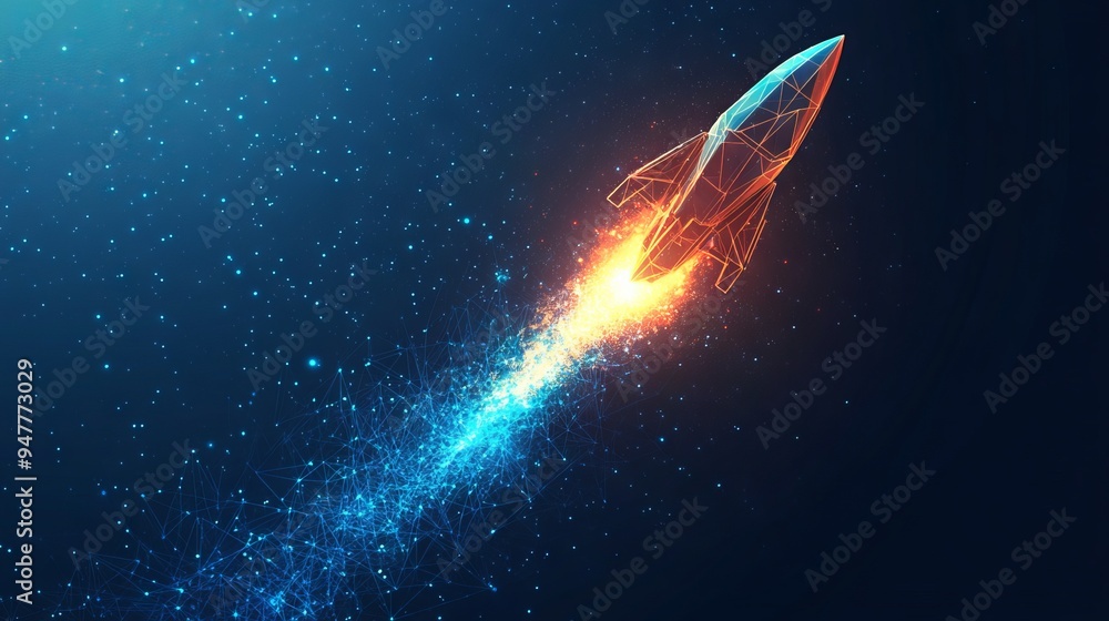 Poster abstract rocket launch. digital spaceship flying up into outer space. business development, boosting