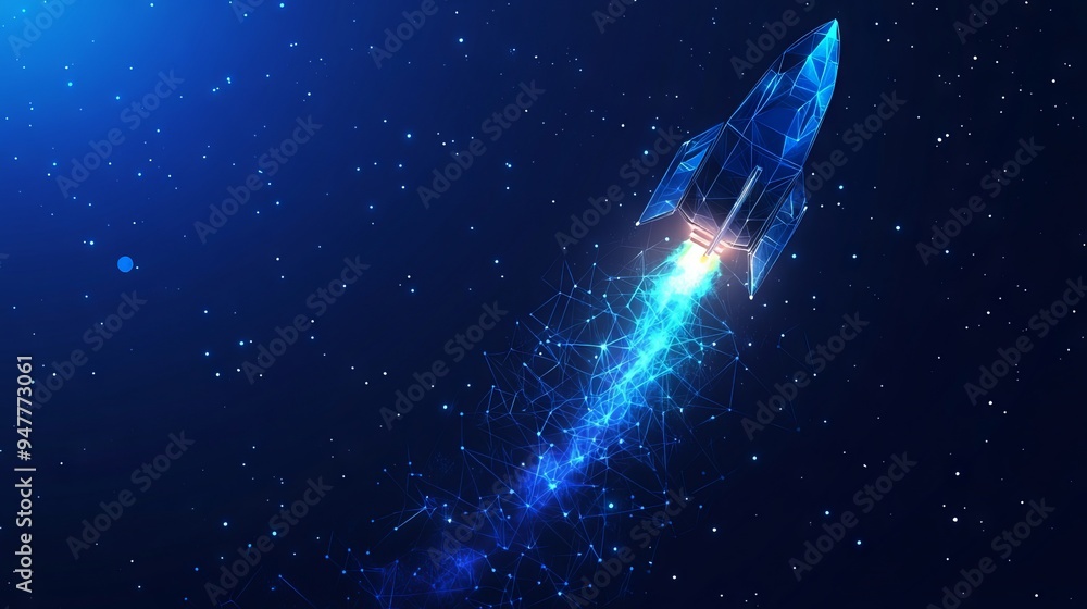 Poster abstract rocket launch. digital spaceship flying up into outer space. business development, boosting