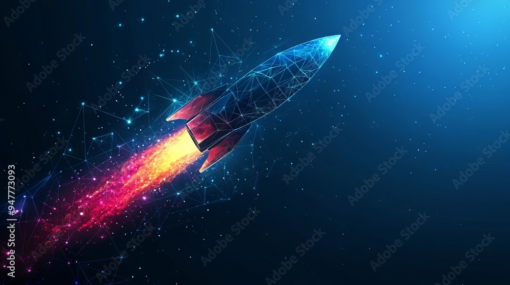Poster abstract rocket launch. digital spaceship flying up into outer space. business development, boosting