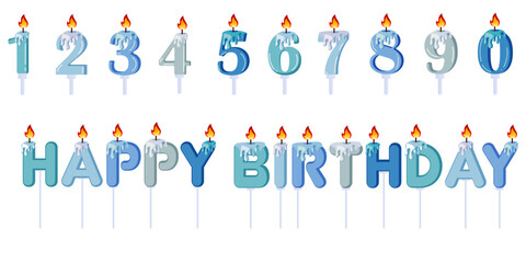 Burning blue birthday candles set for boy. Number and letter candles. Vector illustration EPS10.
