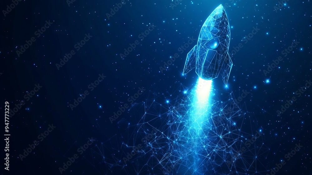 Poster abstract rocket launch. digital spaceship flying up into outer space. business development, boosting