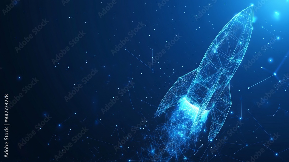 Poster abstract rocket launch. digital spaceship flying up into outer space. business development, boosting